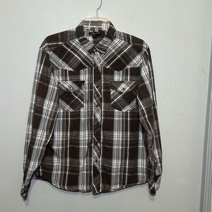 Helix‎ Men's Large Brown Plaid Long Sleeve Shirt Western Pearl Snap Mens Large